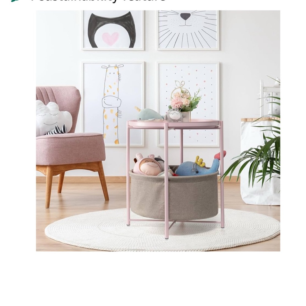 Light pink metal side table with removable top and fabric basket. NIB.